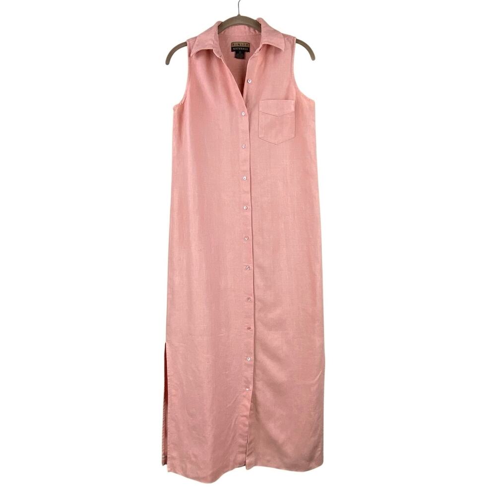 Finity Naturals 100% Linen Sleeveless Maxi Shirt Dress Size S Pink Beach Resort
